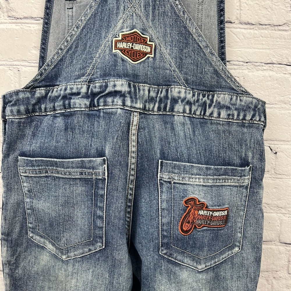 Harley Davidson Overalls Y2K Flare Leg Women's Sz 6 Patches Faded Logo Authentic - Picture 9 of 16